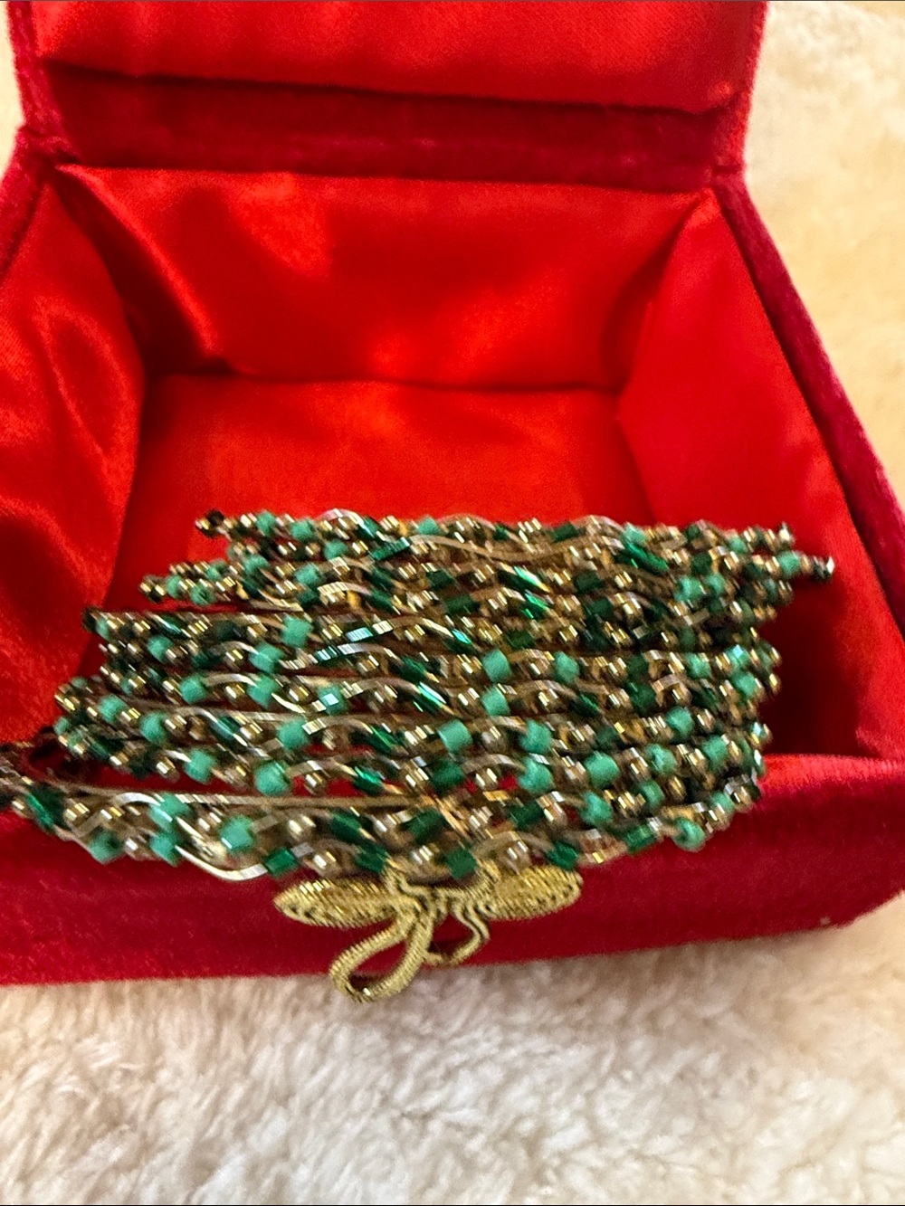 11 Gold-Tone Multi-Strand Bracelets with Green Beads - Artisan made
